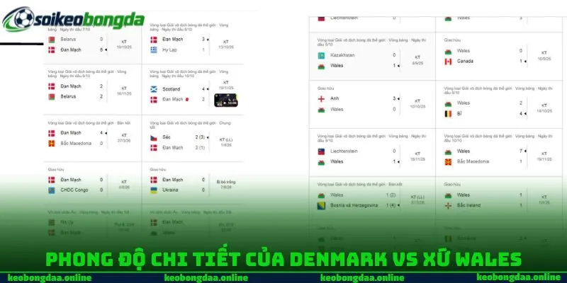 Phong độ chi tiết của Denmark vs Xứ Wales